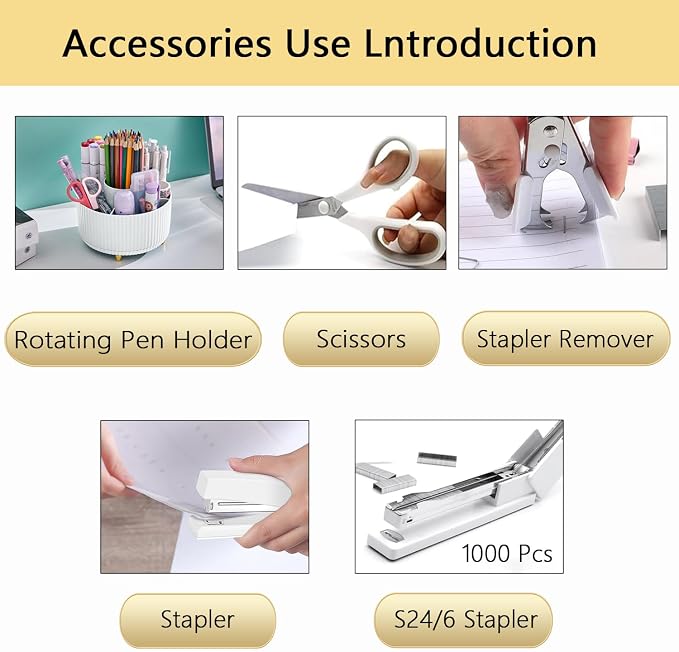 Office Supplies,White Desk Accessories,Office Supplies Set,Desk Organizer,Stapler,Tape Dispenser,Scissors,Staple Remover,Binder Clips,Staples,Ballpoint Pen,Index Tabs with Ruler,Clear Tape.10pcs