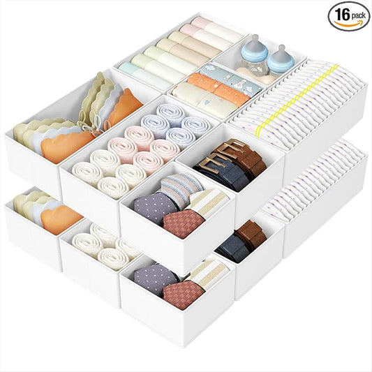 DIMJ Drawer Organizers Clothes, Set of 16 Dresser Organizer Bins, Fabric Closet Organizers and Storage, Shallow Drawer Dividers for Nursery, Clothing, Baby Clothes, Socks, Underwears, Tie (White)