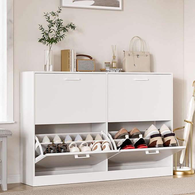 Shoe Cabinet with 4 Flip Drawers, Narrow Freestanding Shoe Organizer, Hidden Slim Shoe Storage Cabinet for Entryway, Hallway, Living Room, White