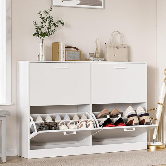 Shoe Cabinet with 4 Flip Drawers, Narrow Freestanding Shoe Organizer, Hidden Slim Shoe Storage Cabinet for Entryway, Hallway, Living Room, White