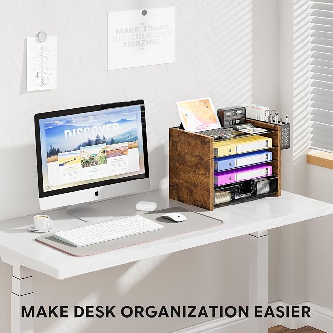 Simple Trending Wooden Desk Organizer, 5-Tier File Organizer, Rustic Brown | Wooden Desk Organizers and Accessories with Drawer & Pen Holder, Natural Wood & Metal for Office Home, 9"L x 12.75"W x 9.75"H