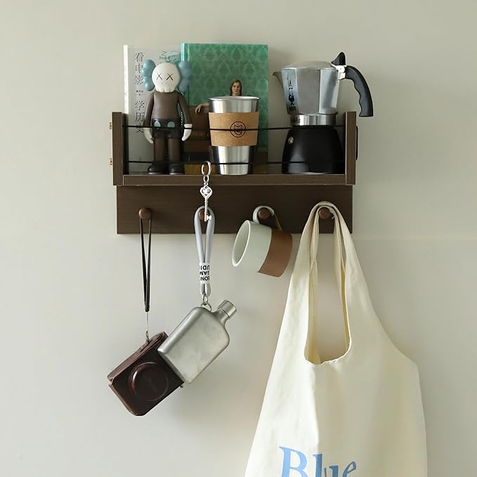Entrance Coat Rack ，Coat Hooks, Wall-Mounted Wooden Hook Rack, Wall-Mounted Shelves are Very Suitable (Walnut Color Finish-B-1)