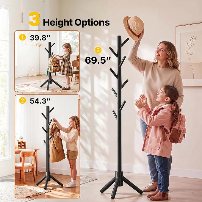 AMADA Solid Wooden Coat Rack Freestanding with 8 Hooks, Black | 100% solid wood, 3 height options, widened base for stability, tool-free assembly, smooth rods & hooks prevent clothing snags