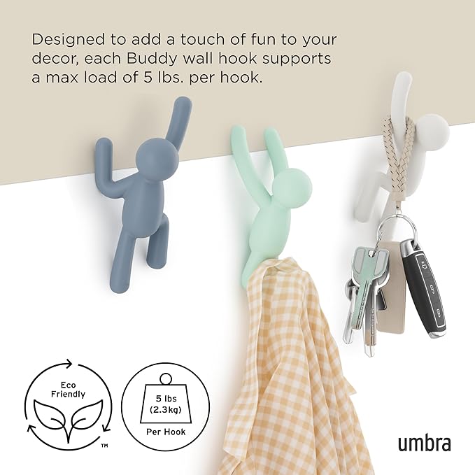 Umbra Buddy Wall Hooks, Wall Mount Coat Hooks, Set of 3, White/Mint/Blue | Easy install with hardware, holds 5lbs per hook, entryway bedroom bathroom dorm, playful hanging storage, recycled plastic