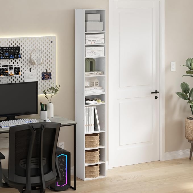 Furinno PASIR Book Shelf, 10-Tier Bookshelf, Bookcase with Open Shelf, 9.2 x 11.8 x 78.7, for Living Room, Bedroom, Home Office, White