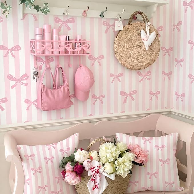 Hicarer Pink Bow Key Holder Wall Mount with Basket and 5 Hooks Decorative Cute Coquette Bow Hooks Hanger Pink Key and Mail Organizer Coquettish Preppy Decor for Entryway Home Apartment Dormitory