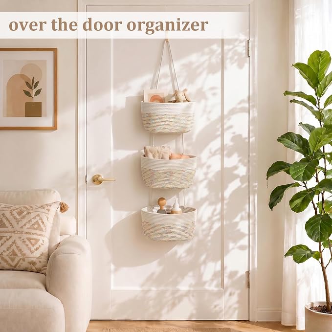 TeoKJ Over the Door Hanging Basket, 3-Tier Woven Cotton Wall-Mounted Storage Organizer Bag Decorative Hanging Nursery Baskets, White & Rainbow Stitching