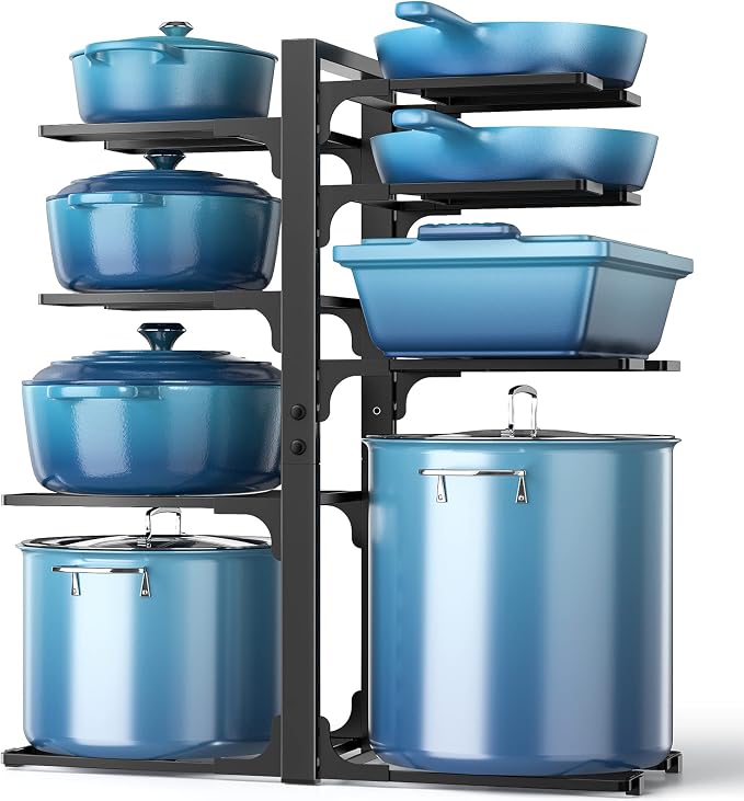 Pots and Pans Organizer Under Cabinet 20.8", 8-Tier Adjustable Black | 2 DIY Modes, Tool-Free Assembly, Max 120 Lbs, Fits Large Stockpots, Cast Iron Pans & Heavy Cookware, For Kitchen Cabinets