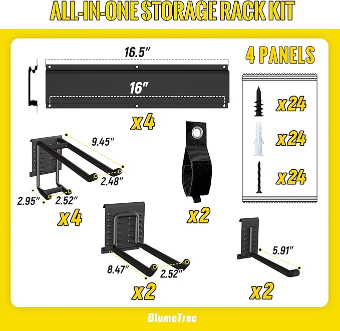 Garage Tool Organizer Wall Mount, 64" Heavy-Duty Metal Wall Organizer, 4 Rails with 8 Adjustable Hooks, Garden Storage Rack for Organization, Sturdy Tool Hanging Holder for Shovel Shed Yard