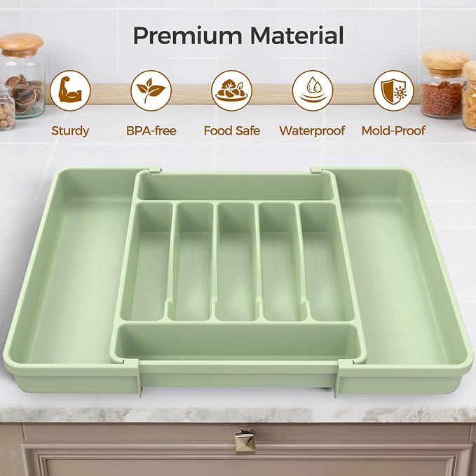 ukeetap Extra Large Expandable Silverware Organizer, BPA-Free Food-Safe Cutlery Flatware Organizer, Kitchen Utensil Drawer Organizer, Adjustable Silverware Holder for Spoons Forks Knives, Green