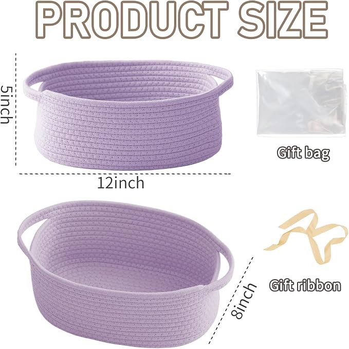 JMvicyroam Small Woven Basket, Empty Gift Basket, Purple/2 Pack | Small Gift Basket, Cotton Rope, 12 x 8 x 46 in, Handles, Includes Ribbon and Bag, Birthday Gift Basket