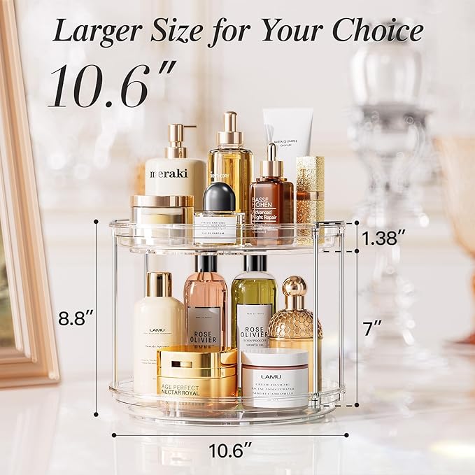LAMU 3 Pack 10.6'' 2-Tier Lazy Susan Turntable Organizer Rotating Spice Rack Organization for Cabinet, Kitchen, Pantry, Countertop, Bathroom, Vanity, Makeup Organizer, Clear