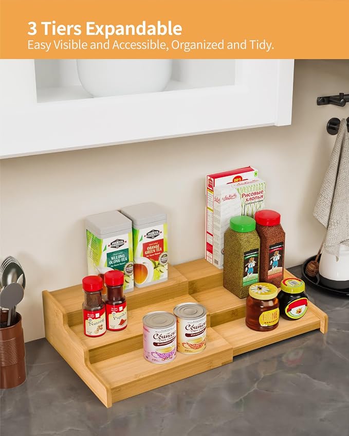 Spice Rack 3-Tier Natural Bamboo, Adjustable Cabinet Organizer Shelf | Expands 8.7-15.6"cabinets. Stepped design, labels visible.Storage organizer saves space, easy wipe. For spices, jars,cans.