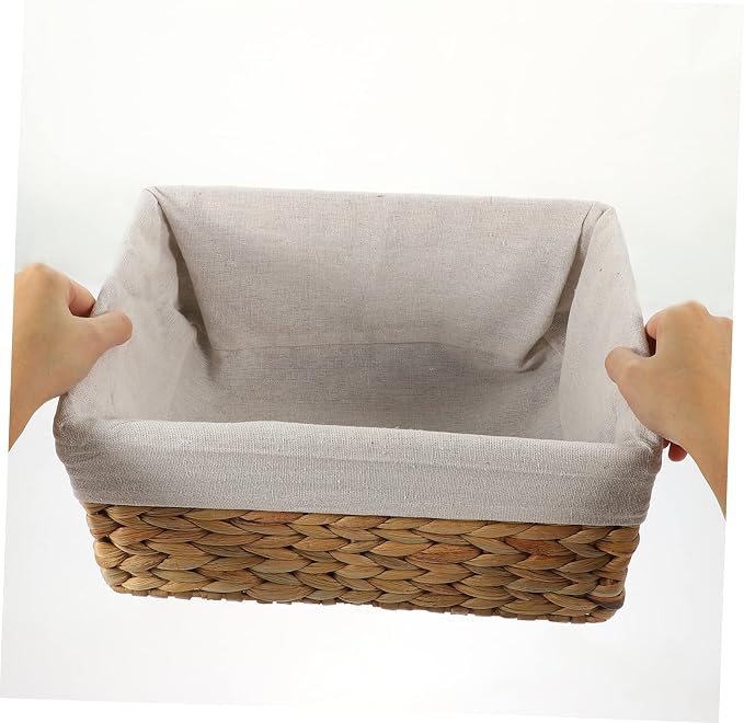 Woven Storage Basket Straw and Fabric Shelf Basket for Books | Desk Top Use, Magazine Holder, Strong Build, Simple Elegant Rustic Look, Home Organizing Accent Piece