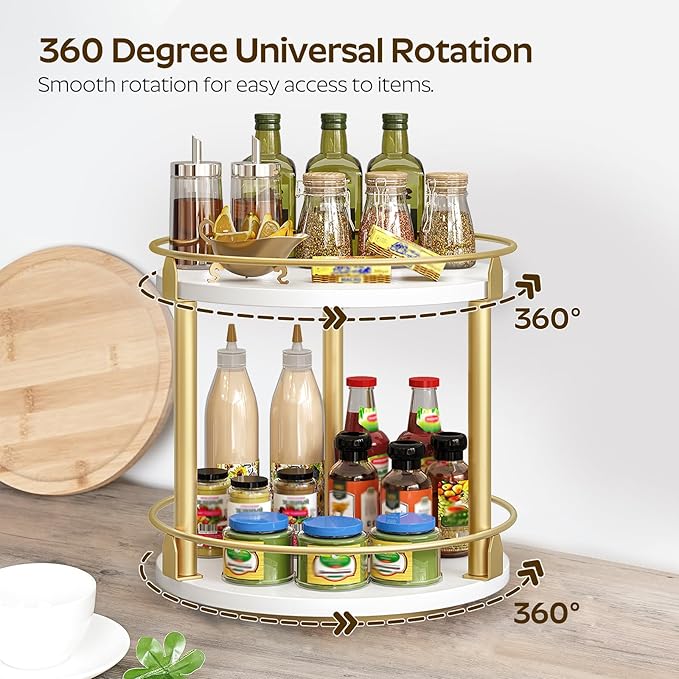 YATINEY Lazy Susan Organizer, Rotating Spice Rack, 2 Tier Spice Turntable Organizer, Industrial Turntable Spice Holder, for Kitchen Countertop and Cabinet, Compact and Versatile, White and Gold SR22DW