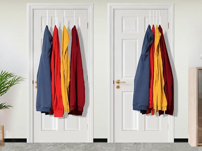 Single Long Over Door Steel Hooks 4 Pack Fit 1-3/8" Door 10" White | Plastic Coated Rubber Feel Towel Rack Robe Coat Shoe Wreath Hanger No Damage No Scratch for Bathroom Heavy Duty Thin Top