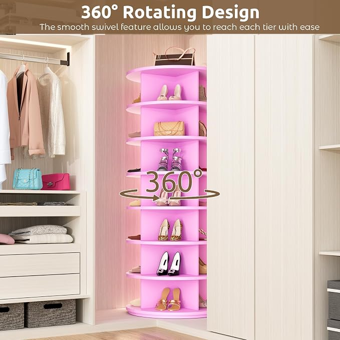 Rotating Shoe Rack 7 Tier Spinning Shoes Organizer Tower for 28-32 Pairs Lazy Susan 360 Revolving Shoe Storage Cabinet Rotate Shoe Handbag Rack Round Carousel for Closet, Bedroom (Pink)