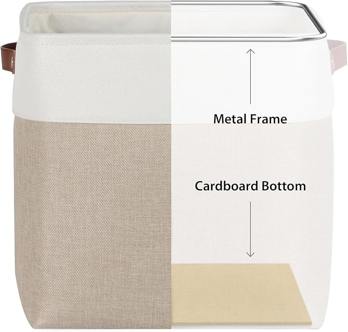 Univivi Fabric Cube Storage Baskets for Shelves 13 Inch,Khaki,4 Pack | Large Capacity,Metal Frame,Hard Cardboard Bottom,Foldable,Linen Closet Baskets with PU Handles