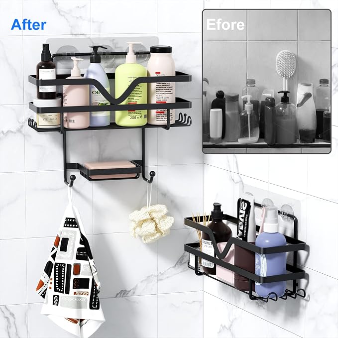 Adhesive Shower Caddy No Drilling Bathroom Organizers, 3 Pack | Self Adhesive Shelf Organizer Rack, Rustproof Shower Storage Rack with Soap Dish, Side Hooks, Large Capacity Bathroom Storage