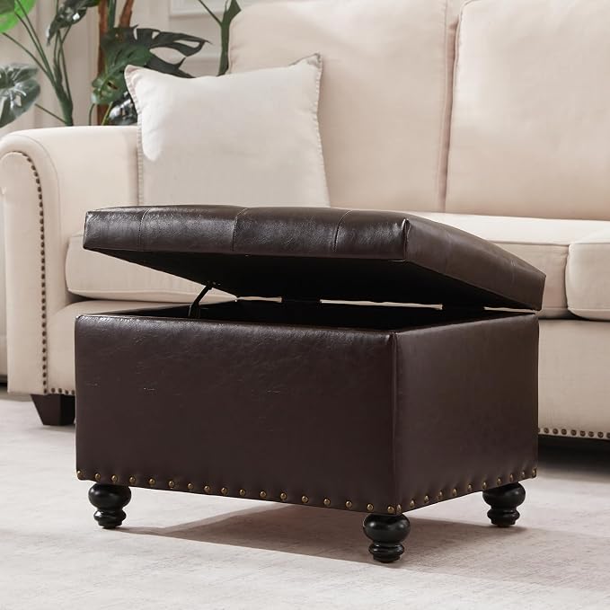 Zihanhome Leather Ottoman with Storage, Upholstered Button Tufted Ottoman Foot Rest, Foot Stools, 24" Rectangle Ottomans with Storage for Living Room, Bedroom, Dorms and Apartments (Brown-PU)