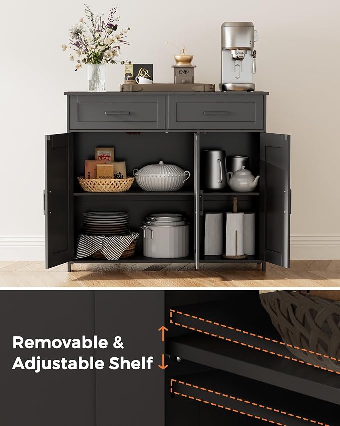 Homhedy Coffee Bar Storage Cabinet with Drawers, Kitchen Buffet Cabinet | Sideboard Cabinet with Doors, Farmhouse Buffet Cabinet, Adjustable Shelves, for Kitchen / Dining / Living Room, Black