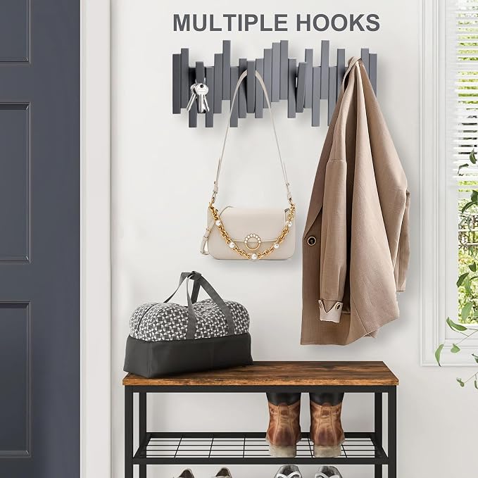 MinBoo Bamboo Multi Hook Coat Rack Modern, Unique, Space-Saving Coat Hanger with 4 Flip-Down Hooks for Hanging Scarves, Key, Hat, Umbrella and More, Gray