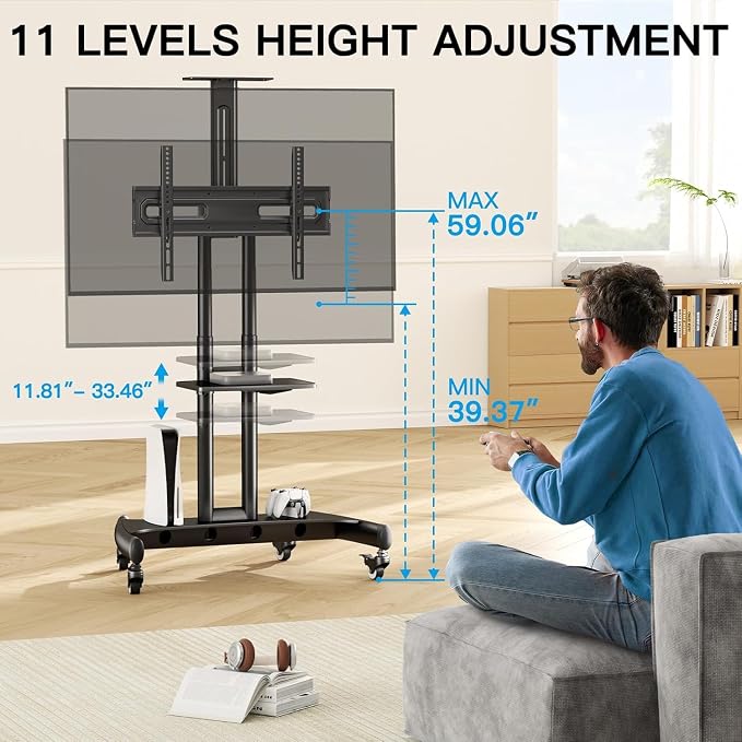 PERLESMITH Rolling TV Stand with Wheels for 32-85 Inch LCD LED 4K Flat Screen TVs, Tilt Mobile TV Cart with Shelf Holds Up to 100 lbs, Height Adjustable Floor TV Stand Max VESA 600x400mm- PSTVMC05