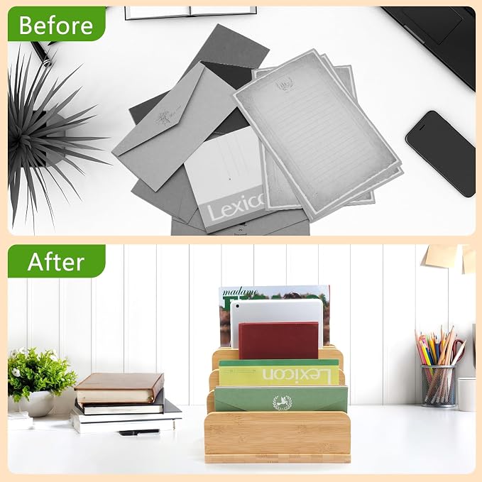 Desk File Mail Organizer Countertop, 5 Slots Bamboo Folder Sorter Holder for Letter, Envelope, Paper, Bill Filing, Desktop Tray Organizer for Office & Home