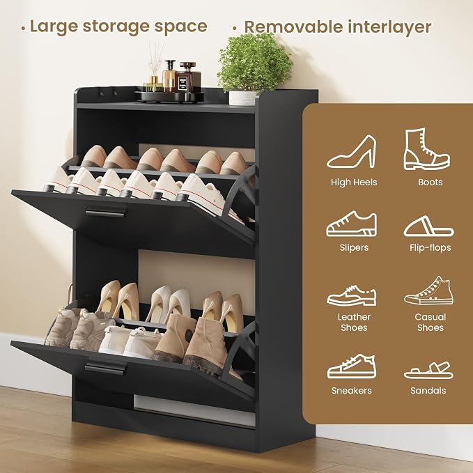Shoe Cabinet Organizer with 2 Flip Drawers,Narrow Shoe Rack 23.6" W White | Freestanding shoe storage cabinet for entryway,foyer and hallway,slim design and space-saving flip drawers