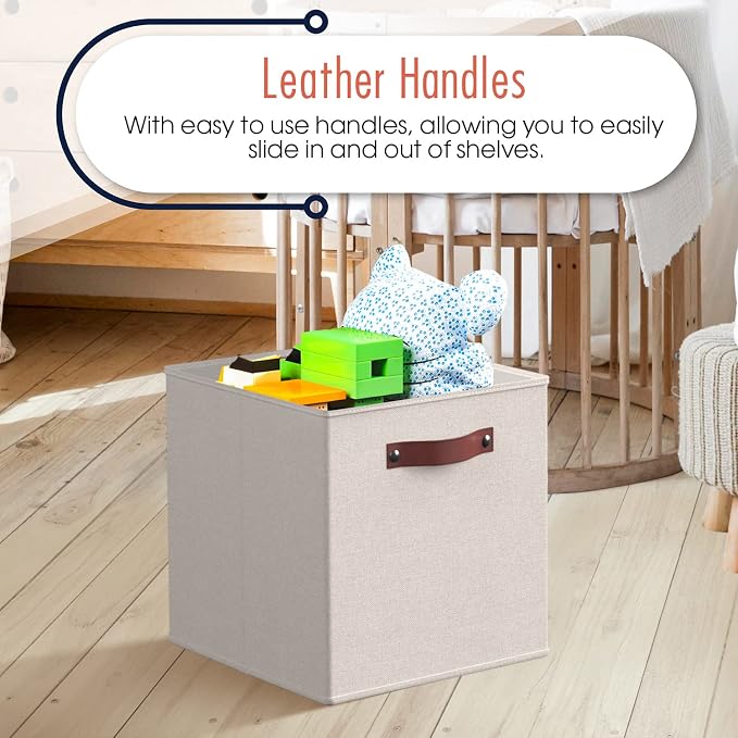 Ornavo Home 11x11 Foldable Fabric Storage Cube Bins, 6 Pack, Beige | Collapsible Linen Shelf Basket Organizer; Leather Handles; Ideal Cube Storage For Closet