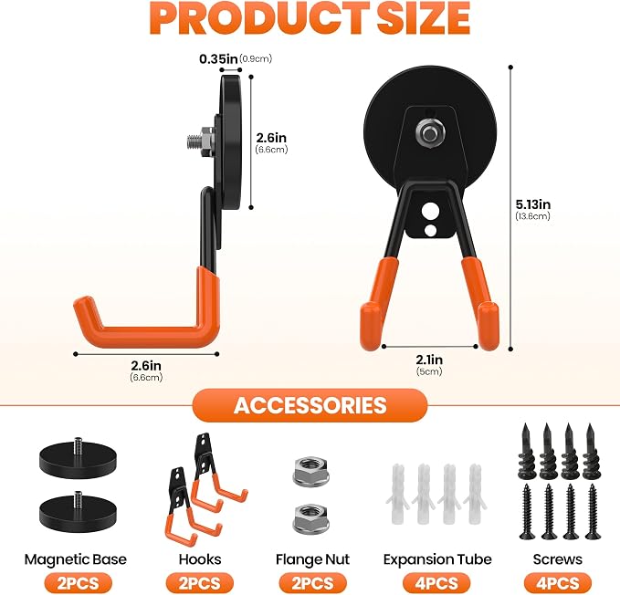 Strong Magnetic Hooks Heavy Duty Large Magnet Hooks Heavy Duty Storage Utility Magnetic Hooks Tool Holder for Metal Cabinet, Chest, Tool Box Or Pegboard (2Pack Orange)