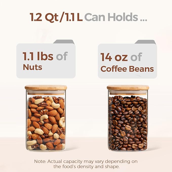 ComSaf Square Glass Containers With Lids 1.2 Qt, Set of 4 Pantry Galss Jars | Kitchen Glass Pantry Storage Containers, Storage Canisters, Silicone Seal, Dry Food, Cookie, Flour, Spice, Coffee, BPA Free