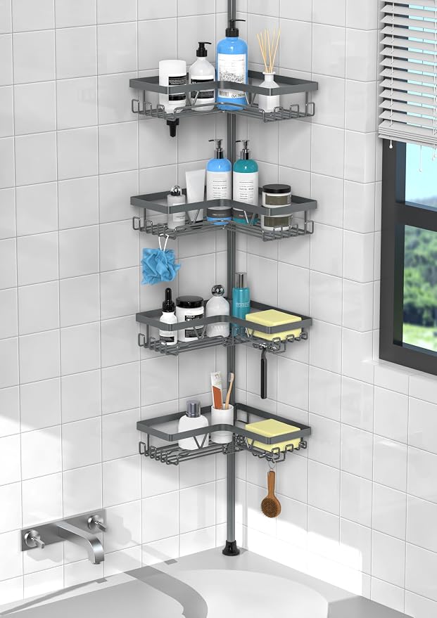 KEGII Corner Shower Caddy Tension Pole, Bathroom Rack, Dark Gray | 4-Tier, Large Capacity Shower Organizer with 28 Hooks, Space-Saving Rustproof Storage for Shampoo Towels and Accessories