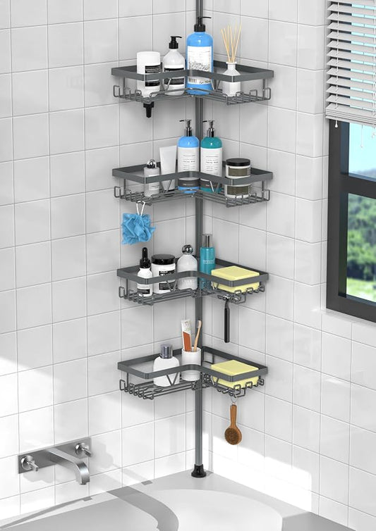 KEGII Corner Shower Caddy Tension Pole, Bathroom Rack, Dark Gray | 4-Tier, Large Capacity Shower Organizer with 28 Hooks, Space-Saving Rustproof Storage for Shampoo Towels and Accessories