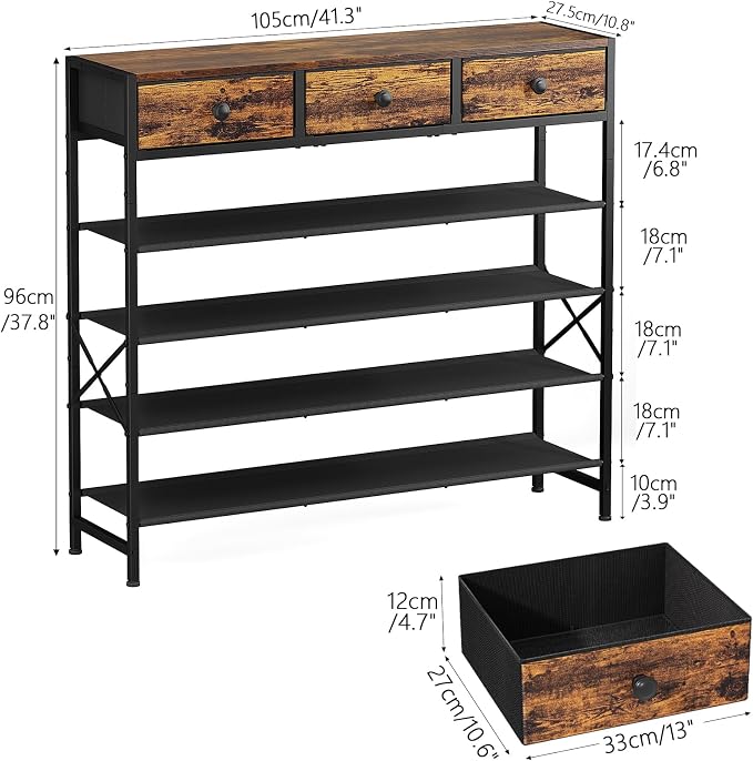 5 Tier Shoe Rack with 3 Drawers Rustic Brown | Holds 24-30 pairs. 3 drawers for accessories. Fabric shelves keep shoes dust-free. Quick 20-min assembly.