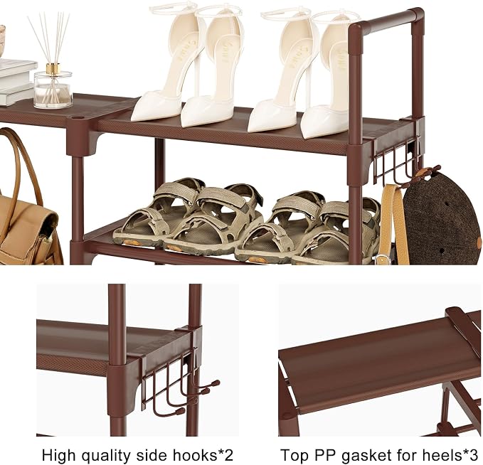 WOWLIVE 9 Tier 3-Column Shoe Rack, 50-55 Pairs Stackable Brown | 50in long for larger entryways. Removable shelves fit tall boots. Split into multiple units for garage/closet.