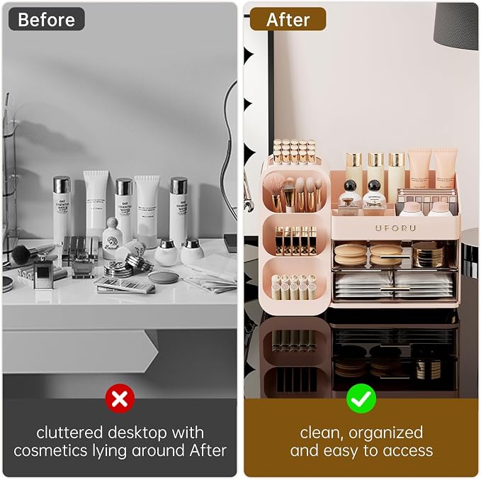 UFORU Makeup Organizer Countertop with Brush Holder for Vanity Bathroom | Large Capacity, Thickened Plastic, 2 Clear Drawers, Compact Size, Detachable Brush Holder, Divided Compartments, Easy Access