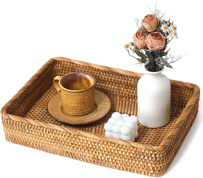 Large Rattan Serving Tray, Rectangle Wicker Storage Basket for Organizing | L(15.7" × 11"), Natural Rattan, Decorative Woven Tray Wicker Basket for Storage, Home Decor, Bathroom