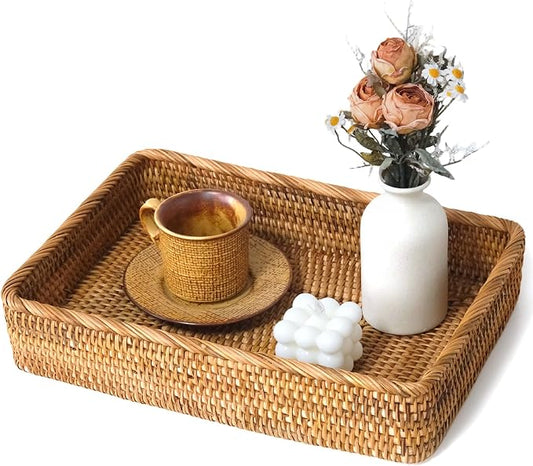 Large Rattan Serving Tray, Rectangle Wicker Storage Basket for Organizing | L(15.7" × 11"), Natural Rattan, Decorative Woven Tray Wicker Basket for Storage, Home Decor, Bathroom
