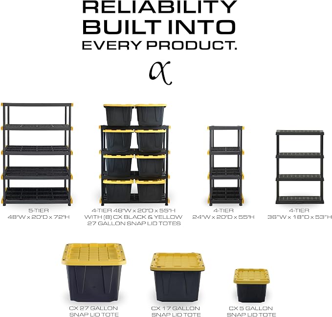 CX Black & Yellow, 4-Tier Heavy Duty Plastic Storage Shelves that Support up to 200lbs/shelf, Organization and Storage, Weather-Resistant Design, Easy Assembly (55" H x 48" W x 20" D) | Freestanding garage utility rack with easy assembly, 4 shelves at ...