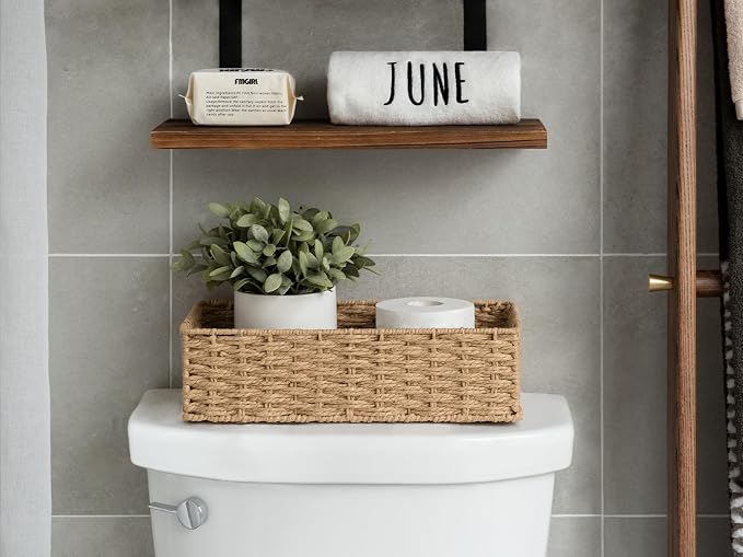 StorageWorks Toilet Paper Storage Baskets for Bathroom Decor, Light Brown | Paper Rope Toilet Top Basket with Built-in Handles, Rectangle Toilets Storage Basket for Tank Topper, 1 Pack