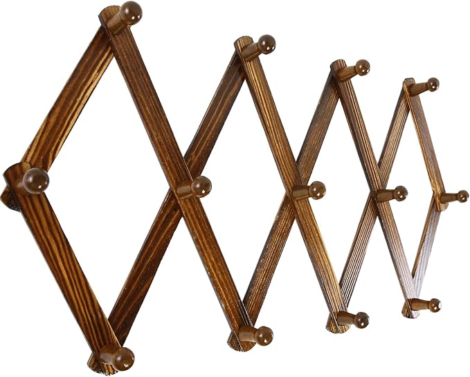 AMAPON Accordion Wall Hanger Expandable Coat Hat Rack 13Peg (Walnut) 2 Pack | Hang Hats Jackets Coffee Mug Purses Necklaces Towels Cap Leash Scarves Data Line Kitchenware