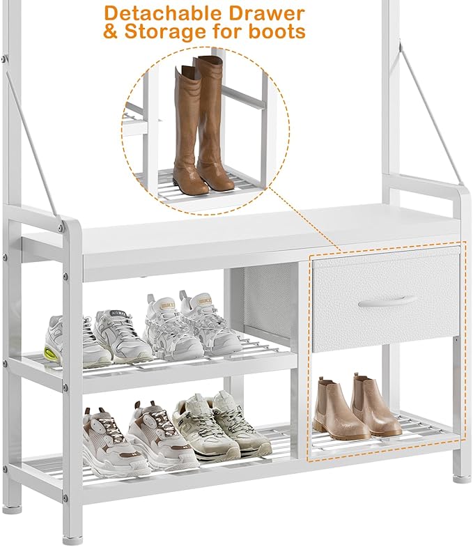 Hall Tree with Bench and Shoe Storage, 31.5” Coat Rack Freestanding | White, 5 in 1 Intelligent Design, 17 Hooks, 2 Drawers, Handy Clothes Rail