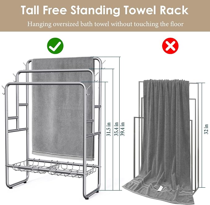 Kayfia 40'' Freestanding 3 Tier Metal Towel Rack, 2 Baskets & 6 Hooks | Dual-Use Drying & Display Rack, Holds Oversized Bath Towels & Blankets, fits Indoor, Bathroom, Bedroom & Outdoor, Silver