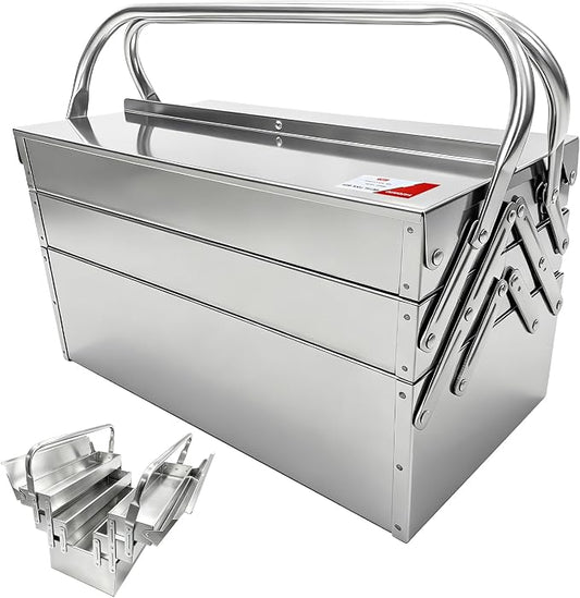 YATOINTO 13" 3-Tier 5 Tray Fold Out Stainless Steel Cantilever Tool Box | Blue Protective Film Design, Carbon Steel Material, Portable Tool Storage Box Organizers w/Handle for Home Studio Auto Repair