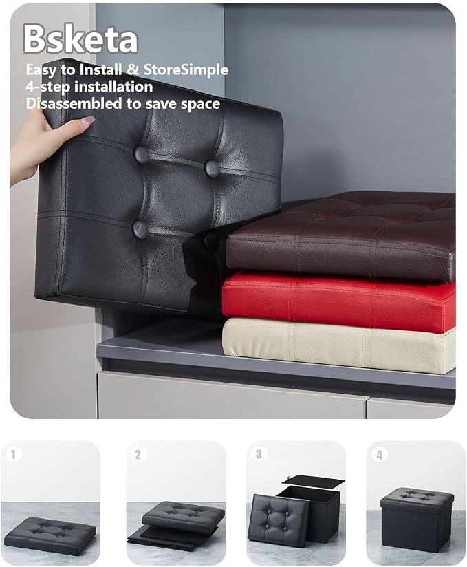 Bsketa 2PC Storage Ottoman, Folding Foot Stool with Thicker Foam Padded Seat Small Leather Storage Ottoman Bench Foot Rest for Living Room Foldable Coffee Table 17x13x13in,Black | Ottoman with Storage, Thicker Foam Padded Seat, Living Room, Dorm, Bedro...