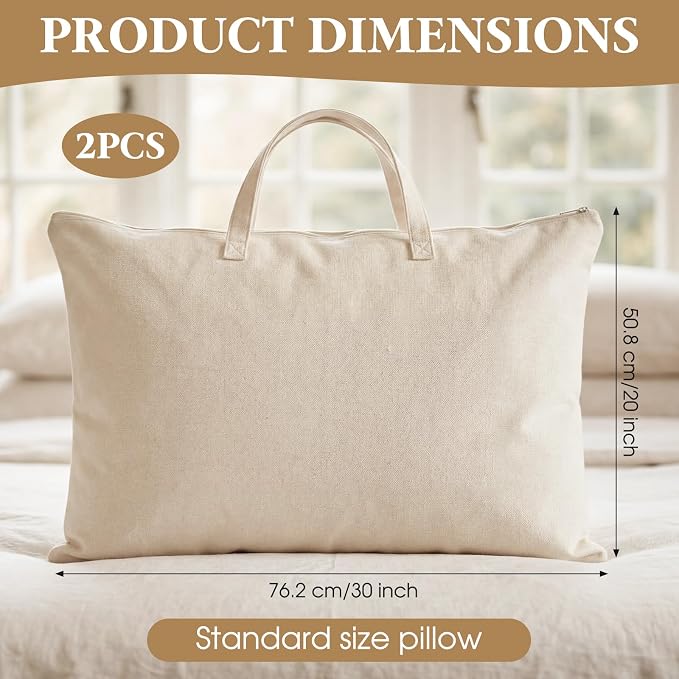 2 Pack Travel Pillow and Blanket Bags, 100% Cotton Canvas Pillow Storage Bag with Handles for Airplane Home, Heavy Duty Breathable Organizer for Bedding Linens, Pillow Bag for Traveling(2,20"x30")