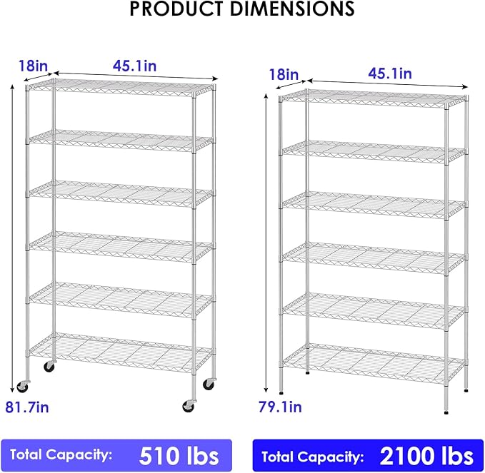 FDW | 6-Tier Wire Shelf with Wheels | 45" x 18" x 82" | Chrome | Storage Shelves with Adjustable Racks, Holds upto 510 lbs | Rust-Resistant, No-Tool Assembly | For Home, Garage