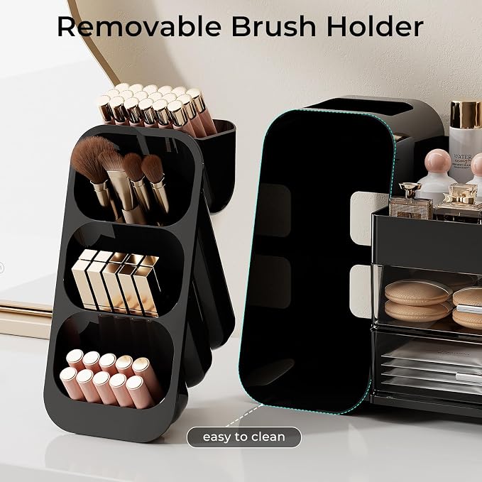 UFORU Makeup Organizer Countertop with Brush Holder for Vanity Bathroom | Large Capacity, Thickened Plastic, 2 Clear Drawers, Compact Size, Detachable Brush Holder, Divided Compartments, Easy Access