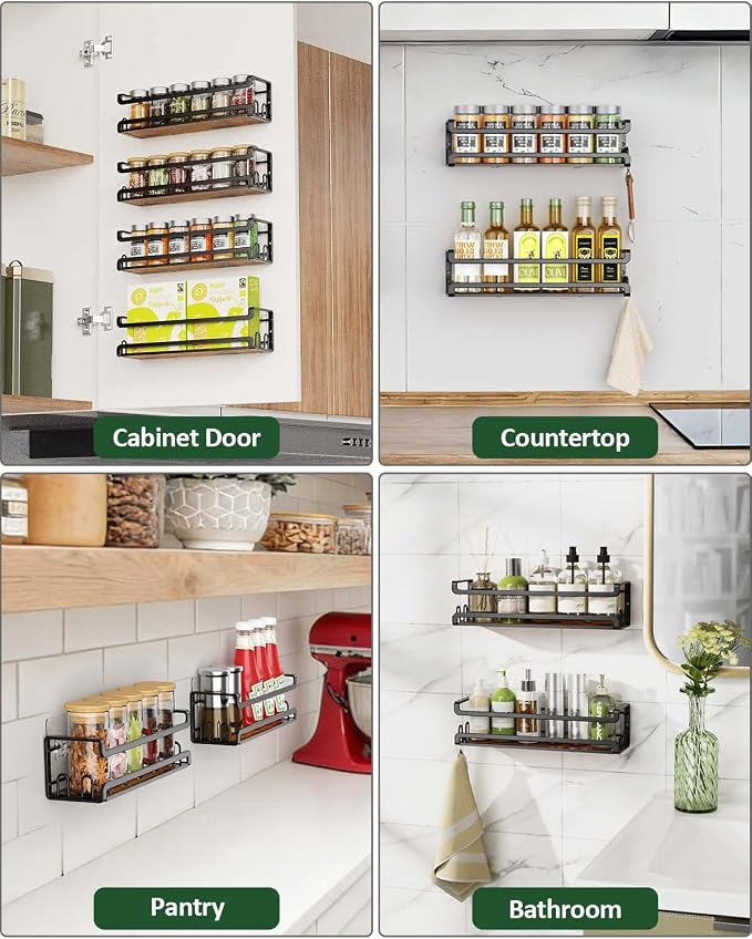 Doakhirmit Wall Mount Spice Rack, Black,4 Pack | 16 Hooks,Screw or Adhesive Installation , Hanging Organizer for Stove Cabinet Pantry Door Kitchen and RV Use
